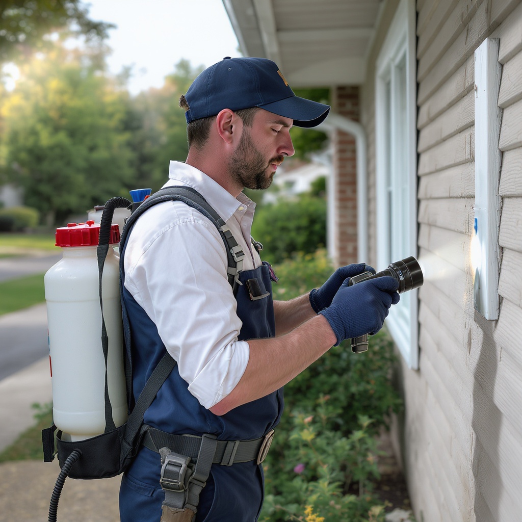 Pest control technician inspecting residential home exterior