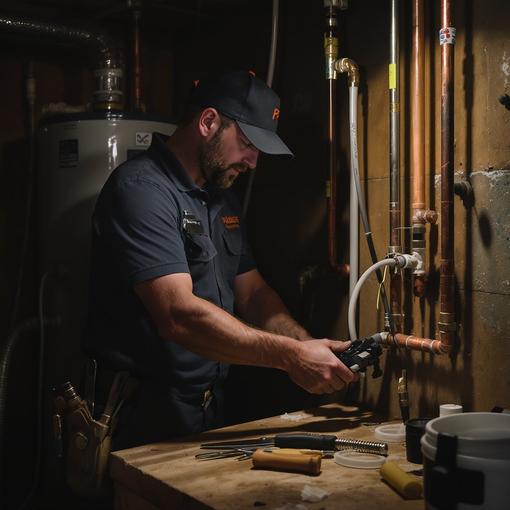 Plumber installing PEX tubing in utility room