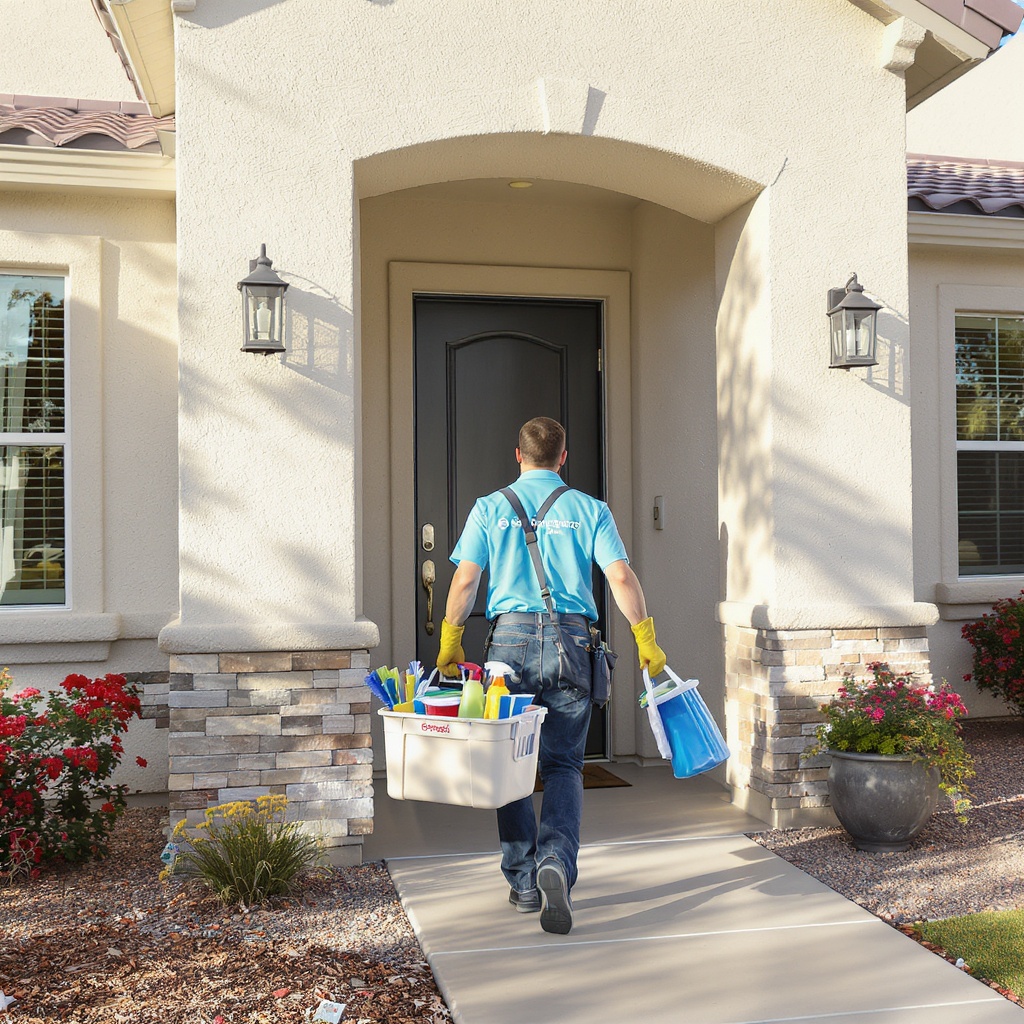 Sparkle Squad Cleaning professional cleaner entering a residential home in Phoenix with supply caddy