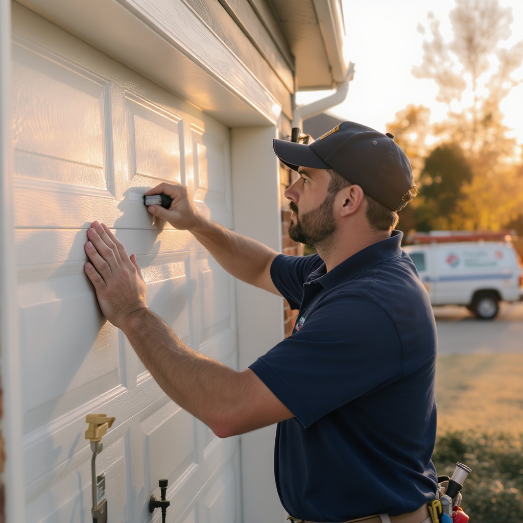 Garage door technician servicing a residential sectional door