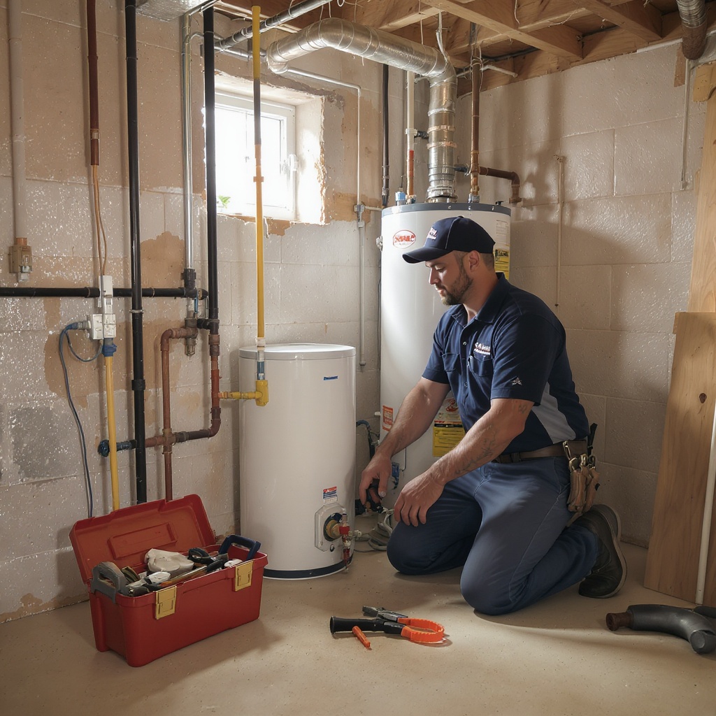 Plumber repairing water heater in residential basement