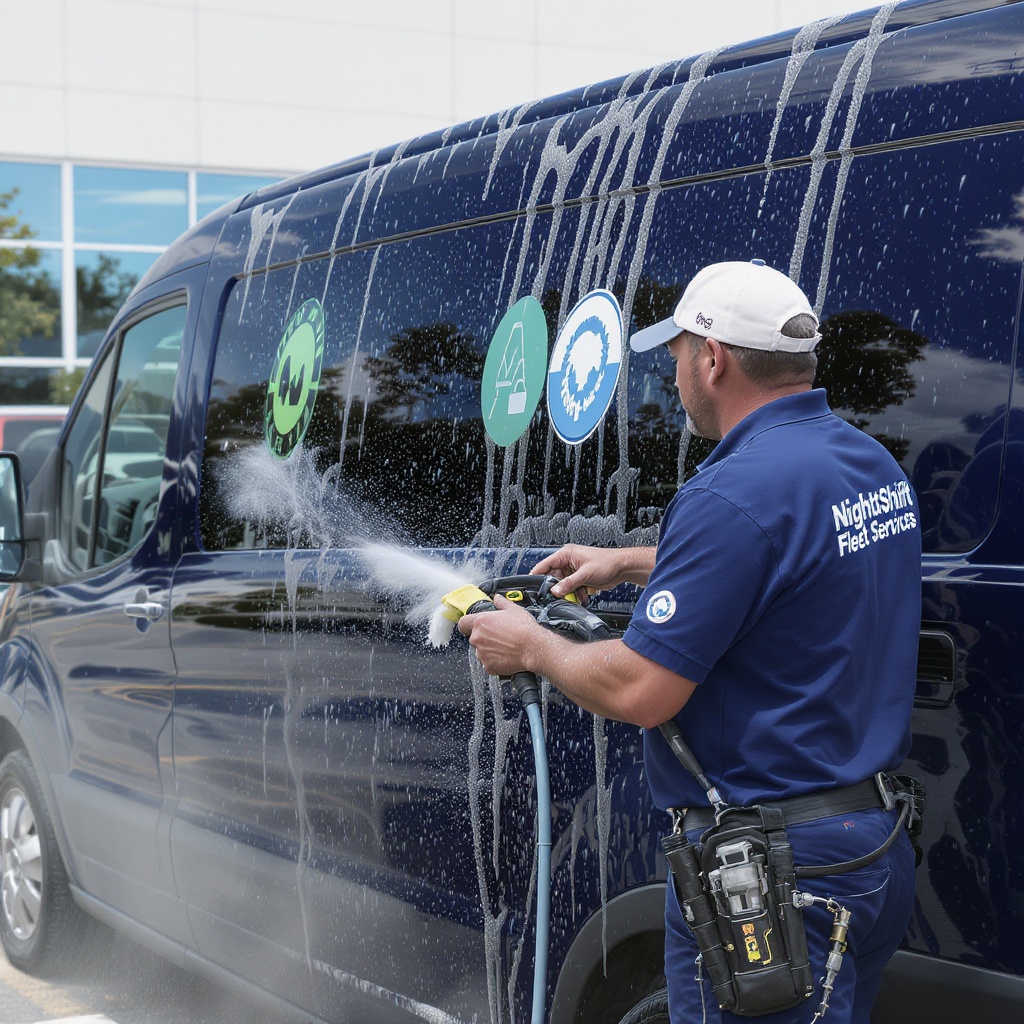 Professional mobile fleet cleaning service in action with uniformed NightShift employee