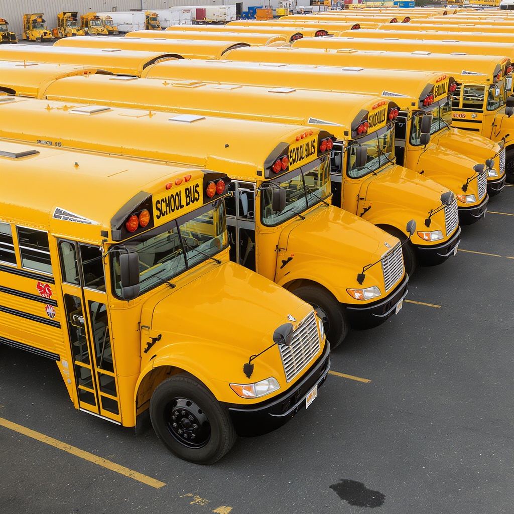 Professional fleet of yellow school buses parked in a maintenance yard