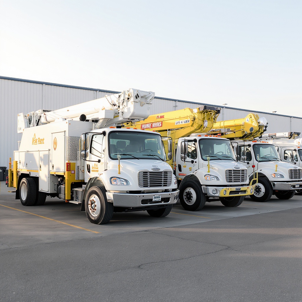 White and yellow utility trucks and public works vehicles in a fleet yard