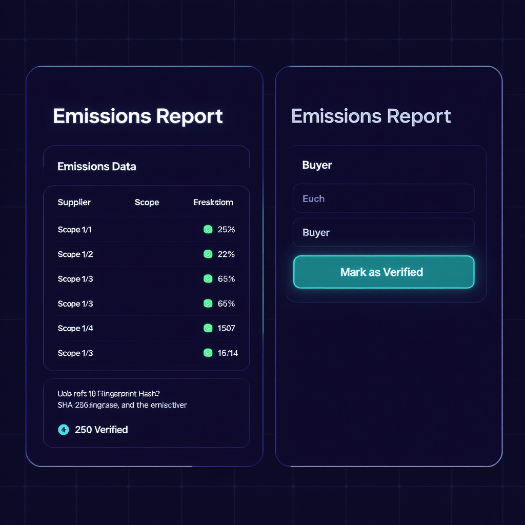 Emissa Buyer Verification Portal UI — supplier emissions report with SHA-256 fingerprint and buyer verification actions