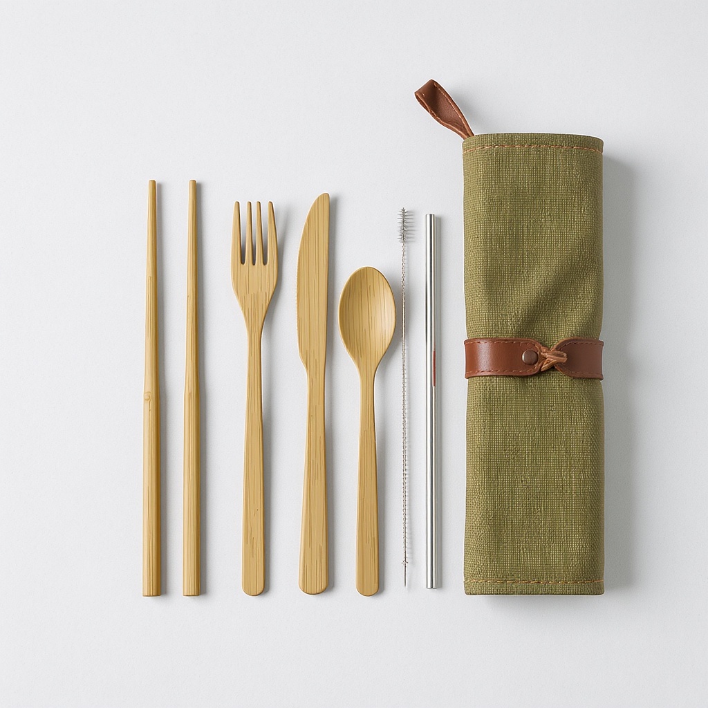 Bamboo 8-Piece Travel Utensil Set with canvas roll case