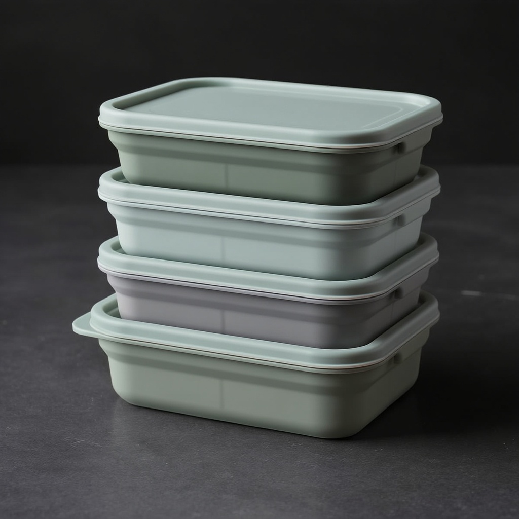 Collapsible silicone travel food containers stacked on dark surface