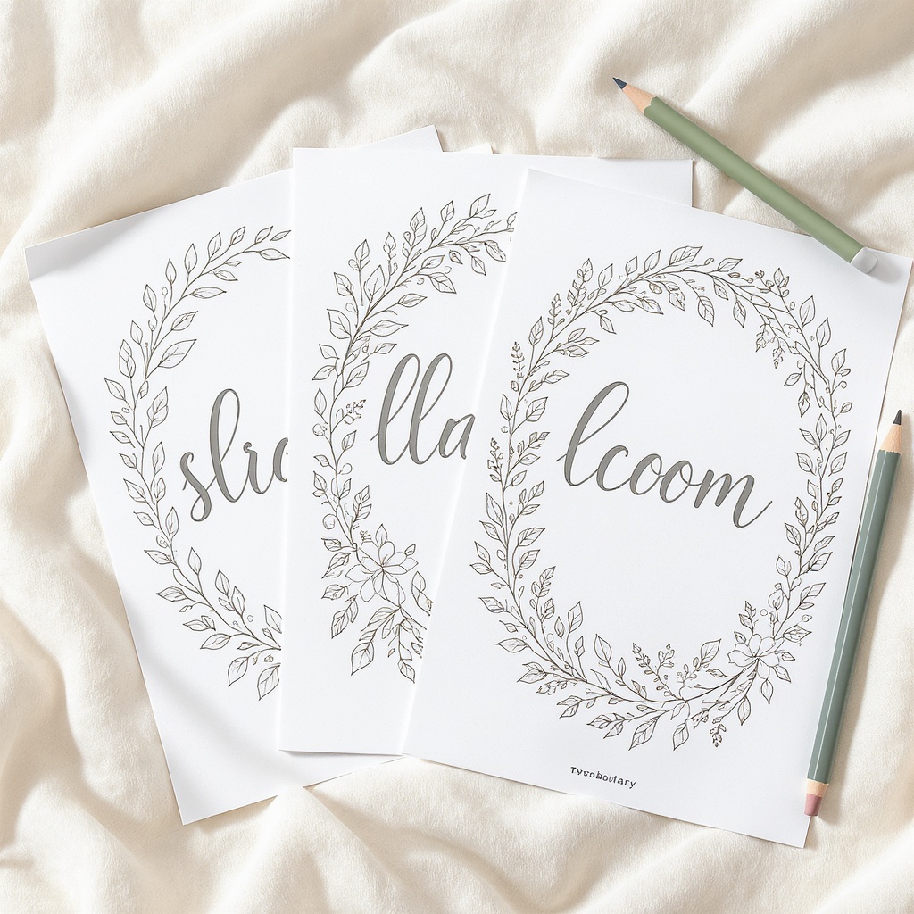 Coloring pages with vocabulary words and botanical patterns