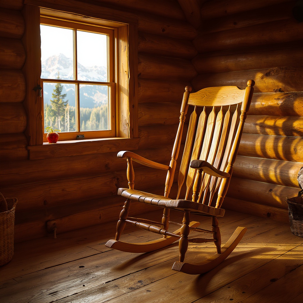 Handcrafted oak rocking chair in a sunlit cabin