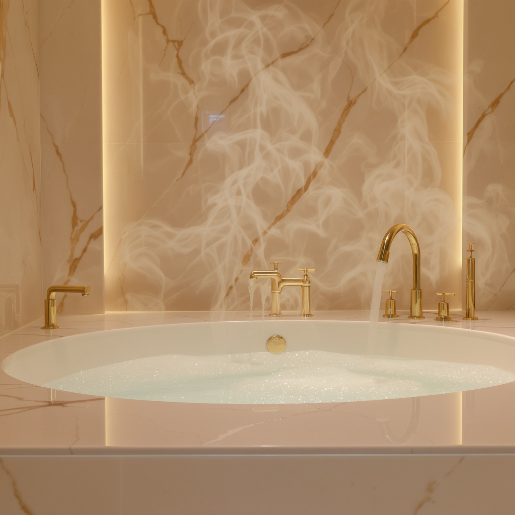 Femme dans un bain luxueux avec vapeur, robinetterie dorée