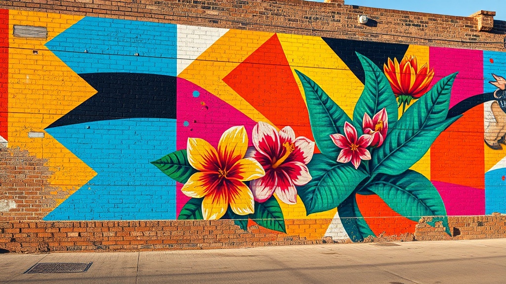 Large colorful mural on exterior brick wall — street art style