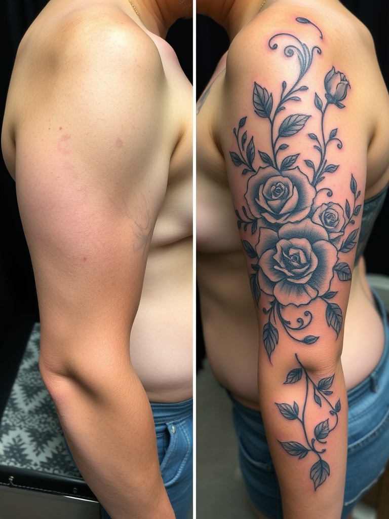 Before and after coverup transformation — old tattoo redesigned into flowing botanical