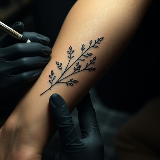 Custom tattoo in progress — fine line botanical work on forearm