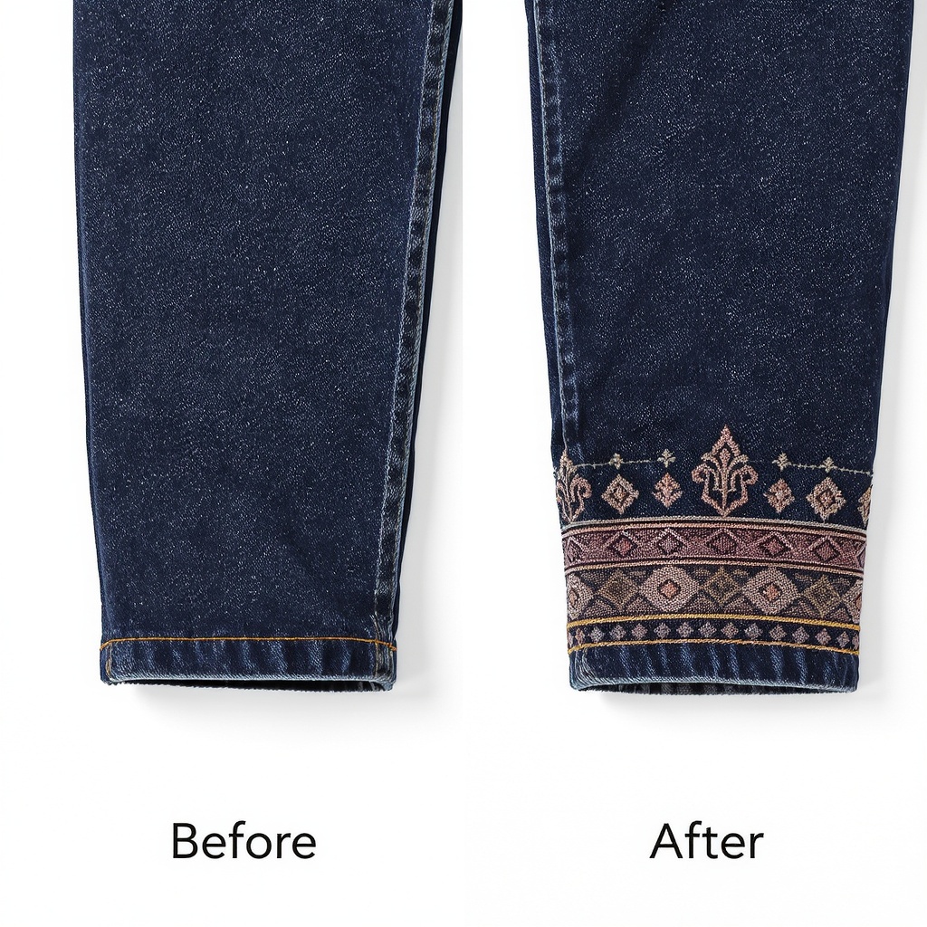 Hem embroidery before and after