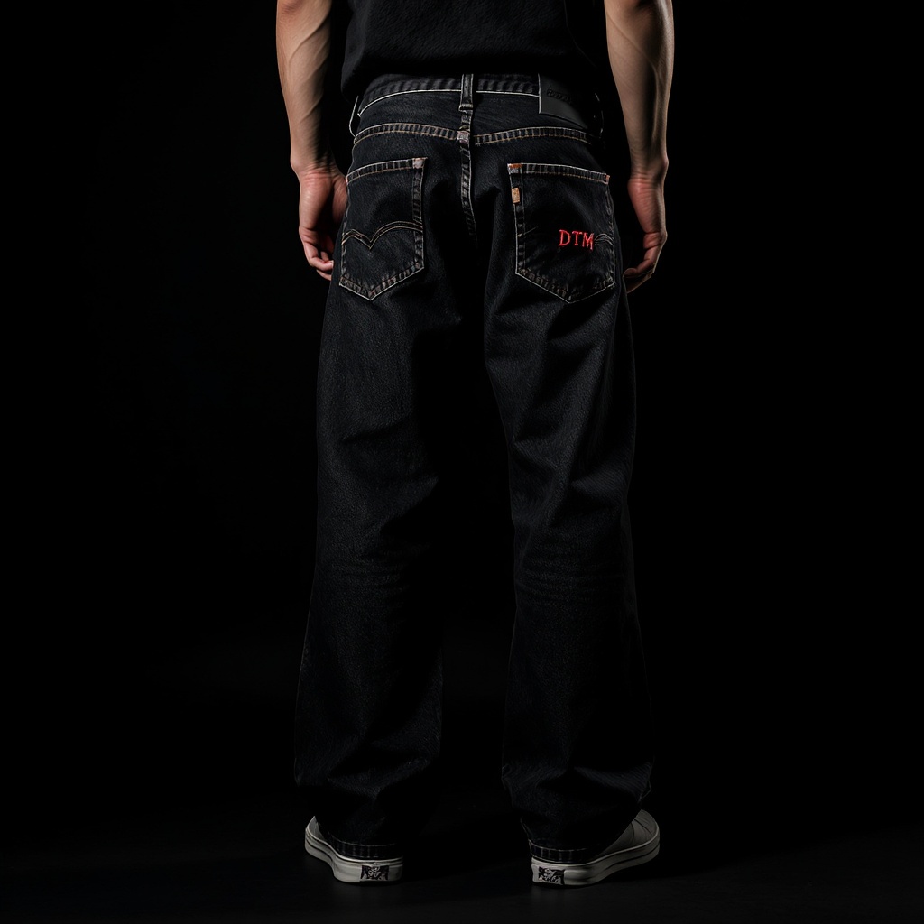 DELTA MOB Wide Cut Denim — back view showing DTM pocket mark