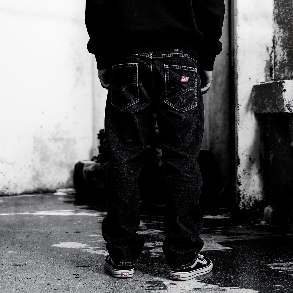 DELTA MOB Denim — back view showing DTM pocket mark