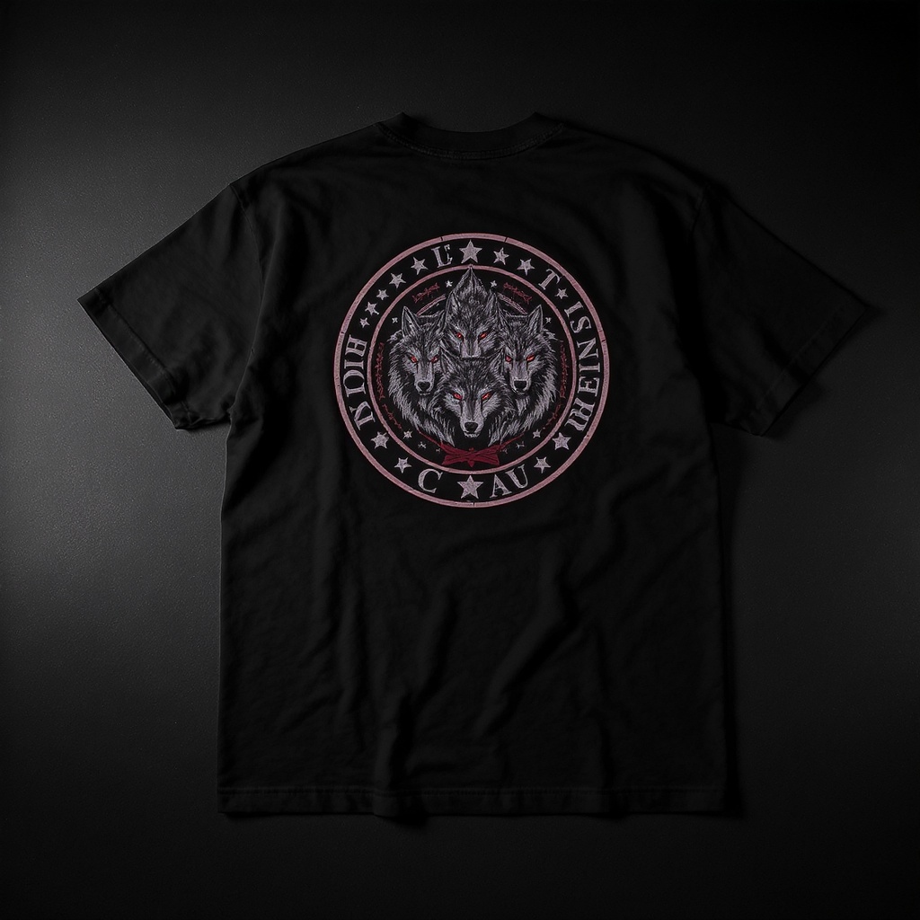DELTA MOB Heavy Tee — back view showing DTM wolf mark