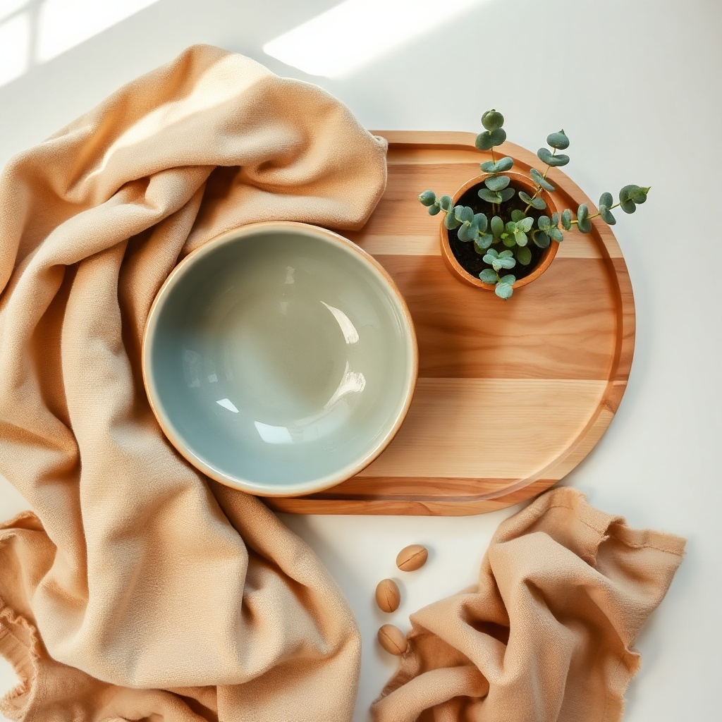 Sage linen textures and natural wood tones