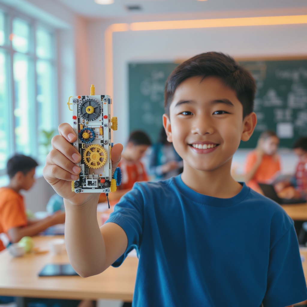 Young inventor proudly holding a working electronic prototype — circuit board with LEDs and sensors — in a bright modern online classroom
