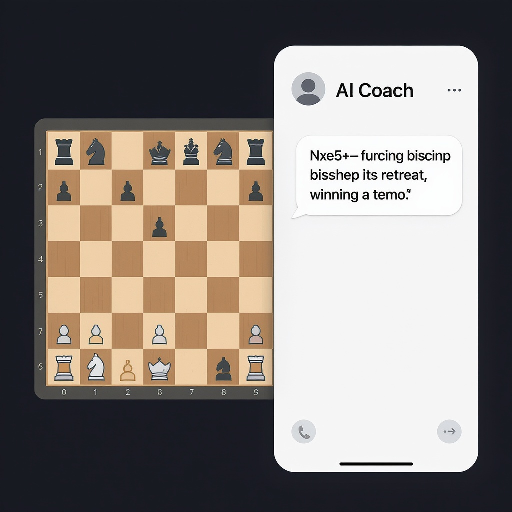 Chess board with AI coach explaining a move