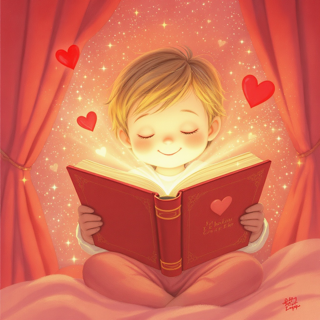 Child holding an open storybook with hearts and warm light — Valentine's Day personalized gift
