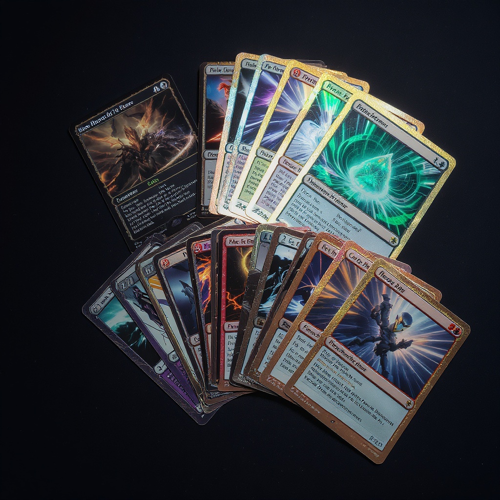 Trading card game cards — Magic, Pokemon, and sports cards spread on dark surface