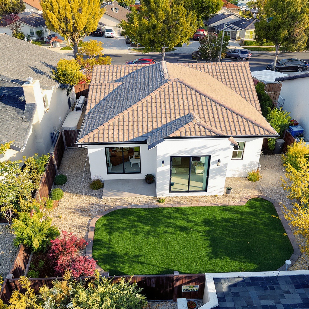 Aerial view of a Tustin home with a modern 900 sqft ADU rendered in the rear yard