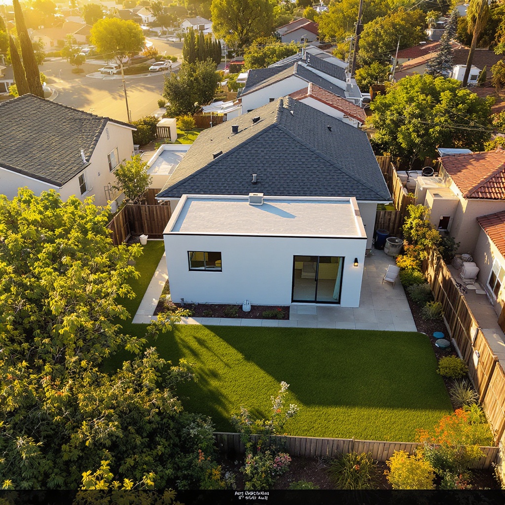 Aerial view of a Santa Ana home with a modern 800 sqft ADU rendered in the rear yard