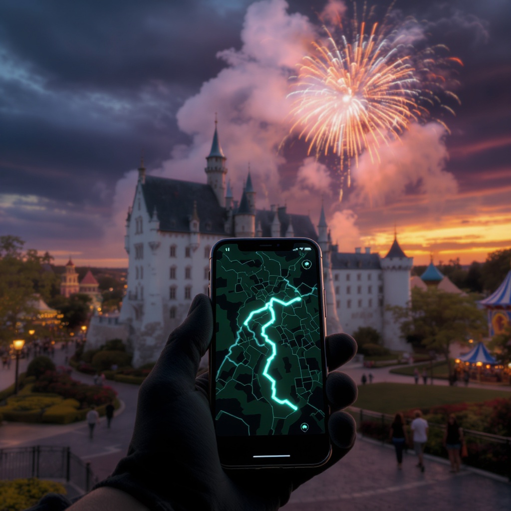 Magical evening at a theme park with castle and fireworks