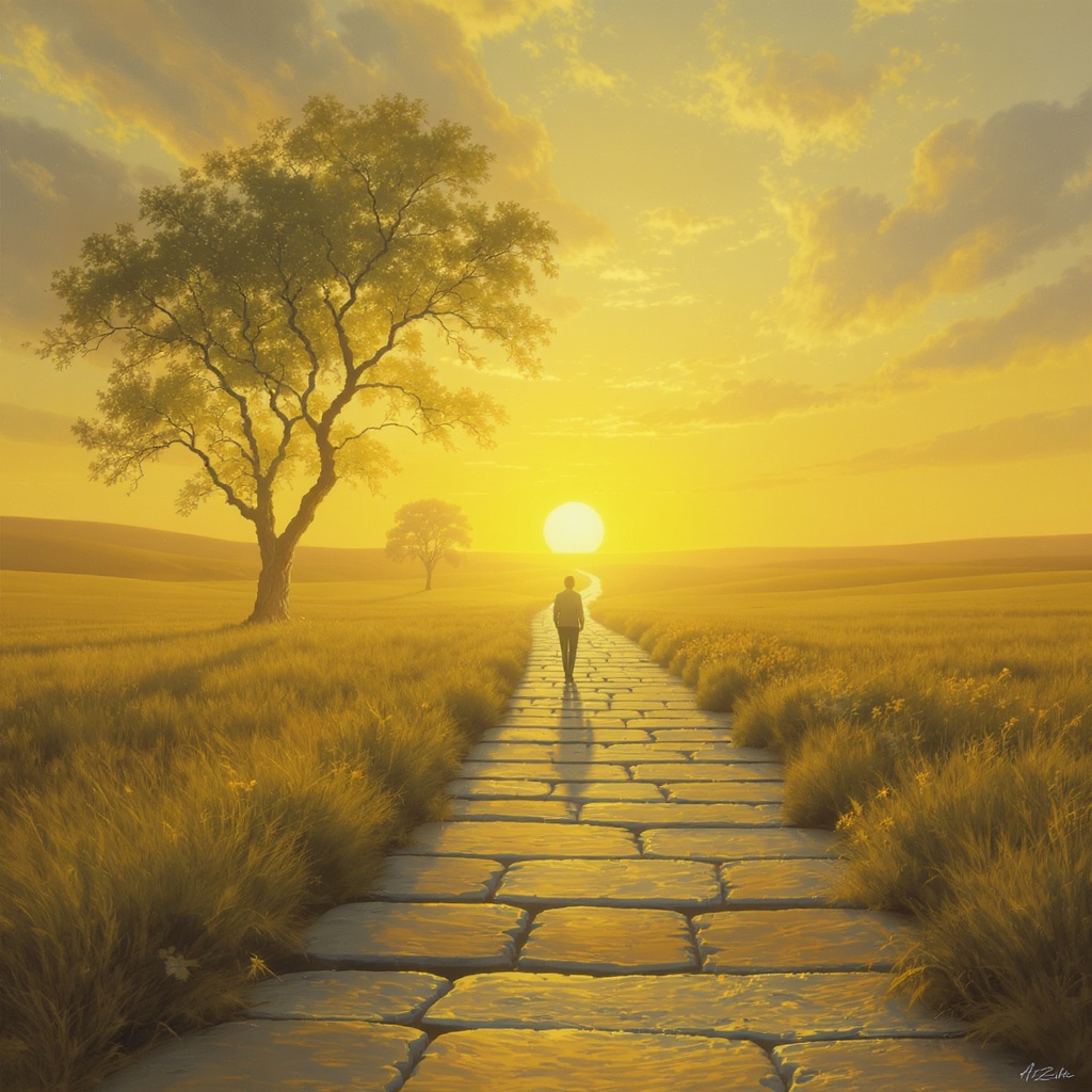 Walking in Purpose — a figure on a quiet path lit by gold sunrise light