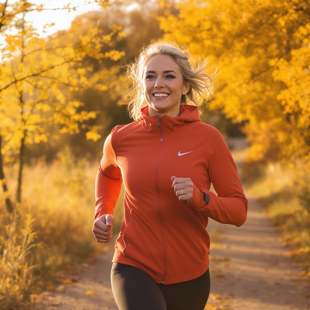 Woman jogging in autumn, feeling warm and pain-free