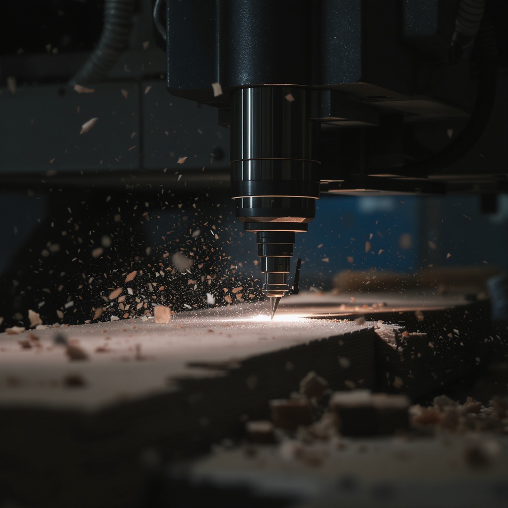 CNC cutting machine operation, precision fabrication, dark industrial