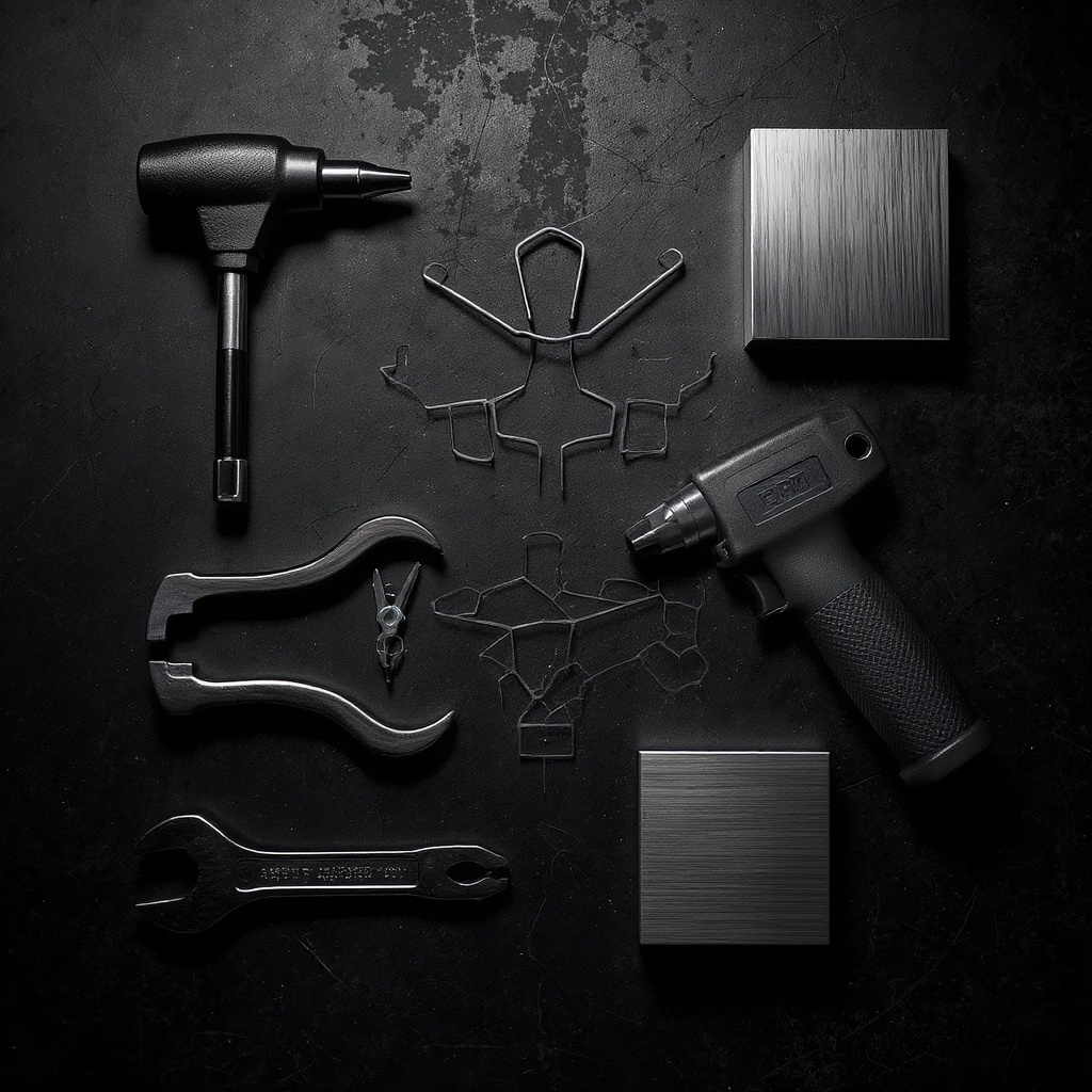 Tools flat lay, professional workshop equipment, dark moody editorial