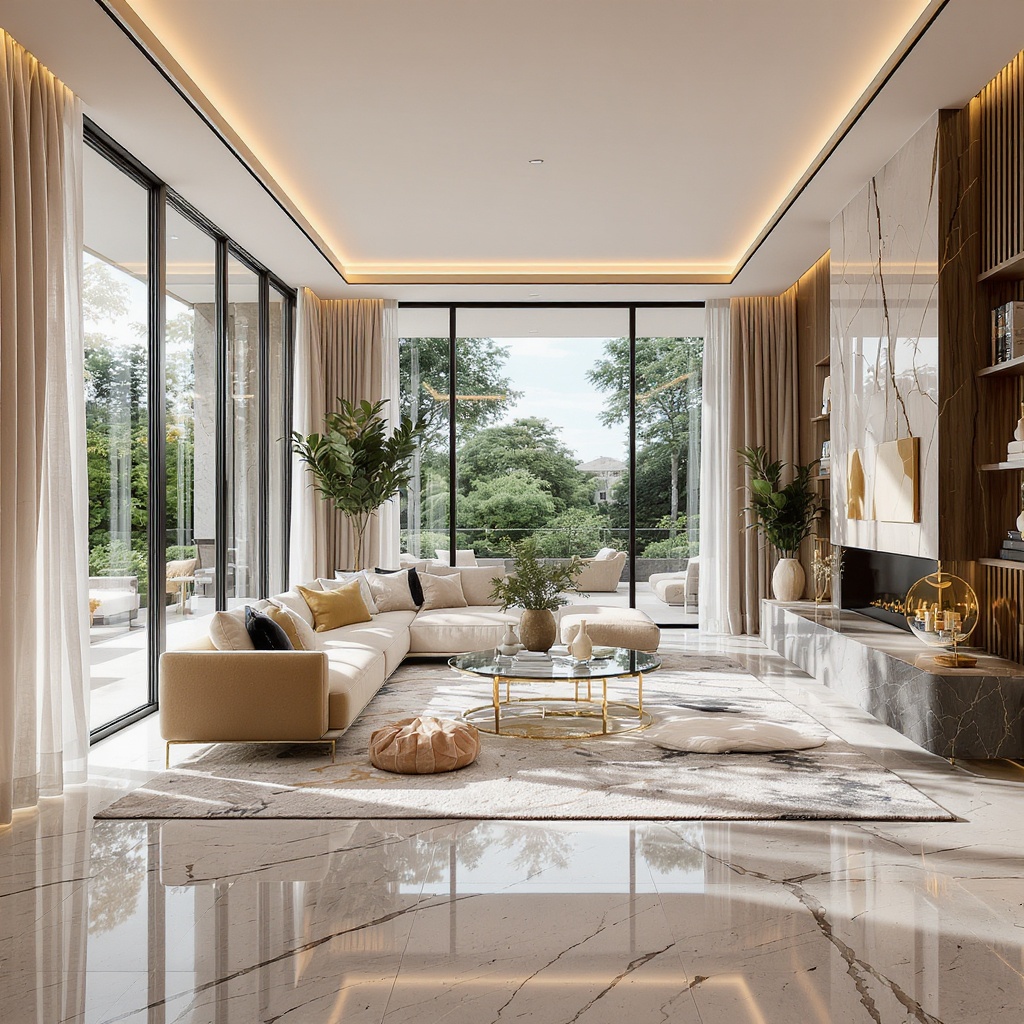 Modern open-plan living room with floor-to-ceiling windows and designer furnishings