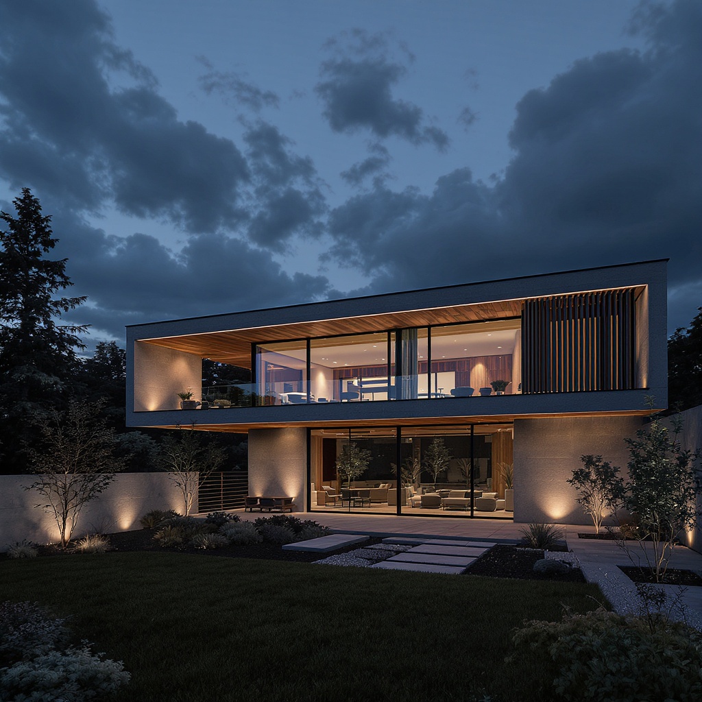 Contemporary house exterior at dusk with dramatic lighting and landscape