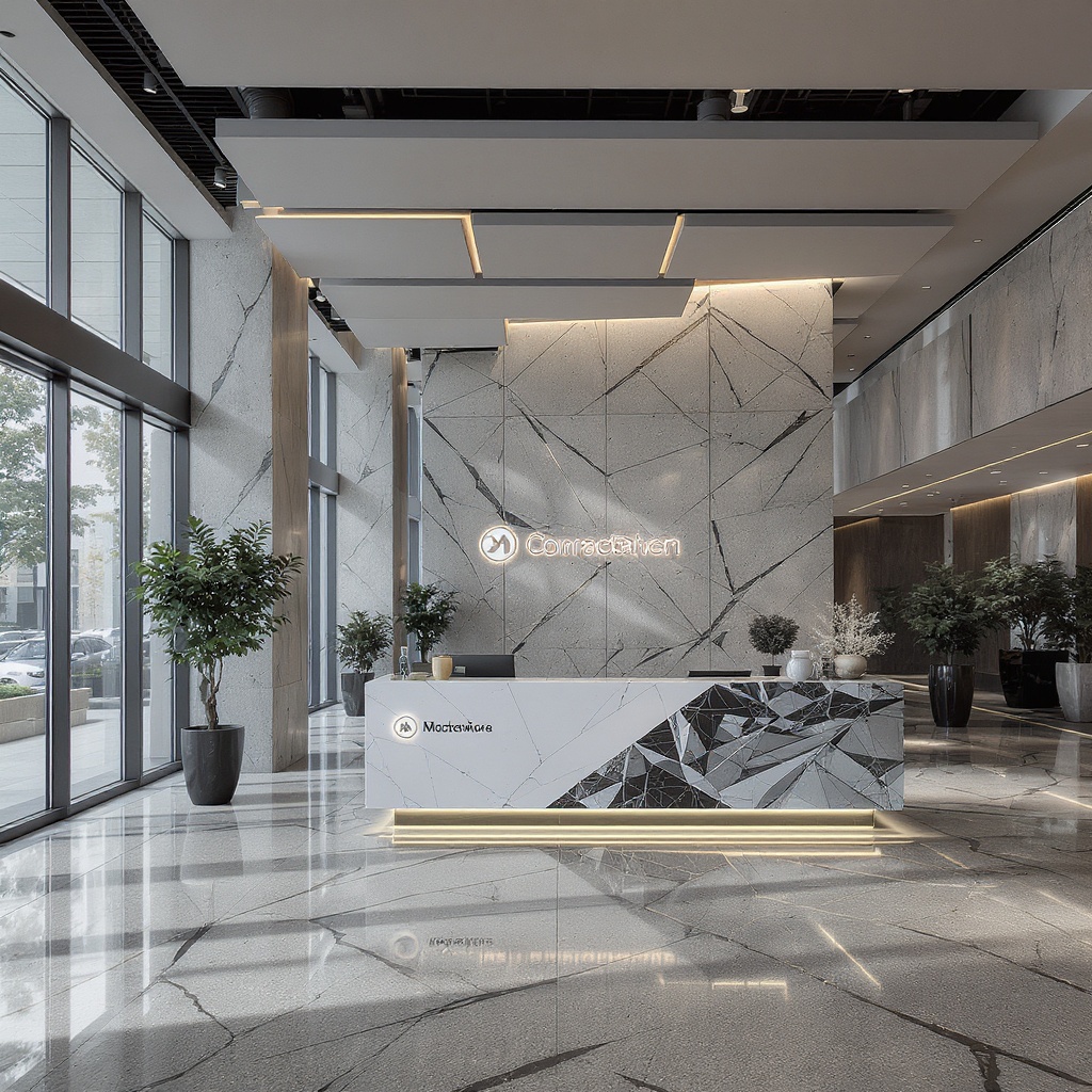 Sleek corporate office lobby with glass reception desk and architectural lighting