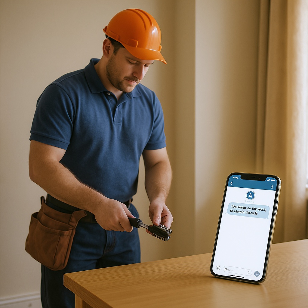 Artisan au travail avec son smartphone qui reçoit un message IA