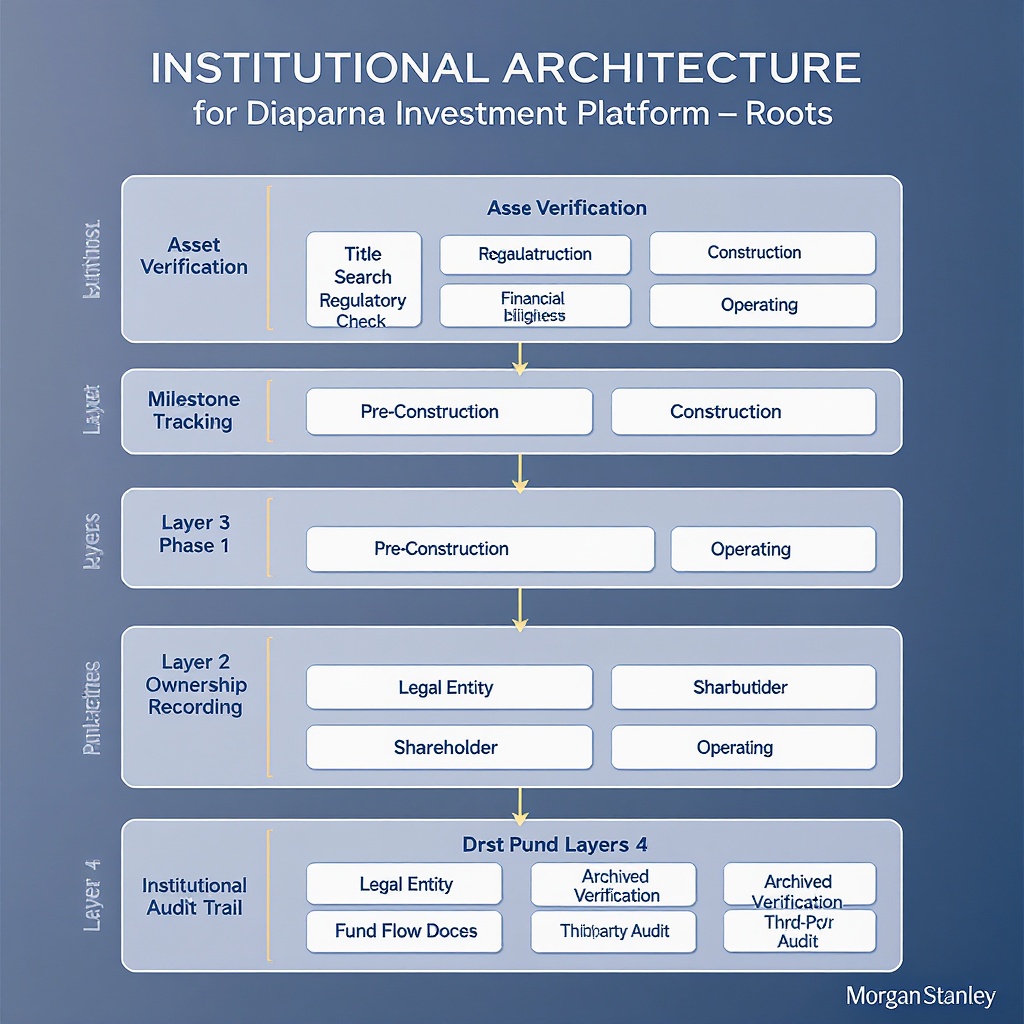 Institutional trust architecture — diaspora capital flowing through verification layers to African assets