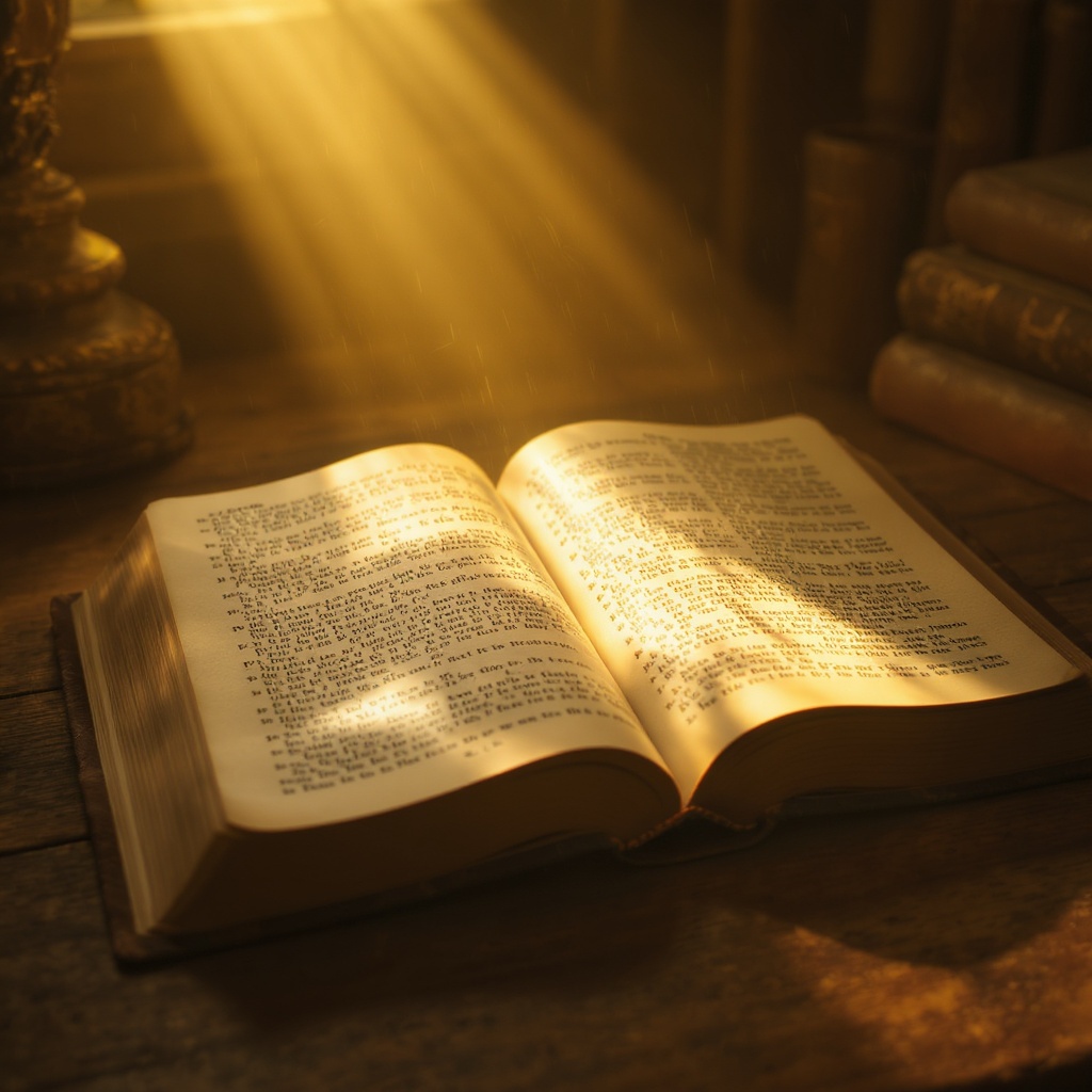 Open antique Bible on weathered wooden desk, golden shaft of light illuminating the page