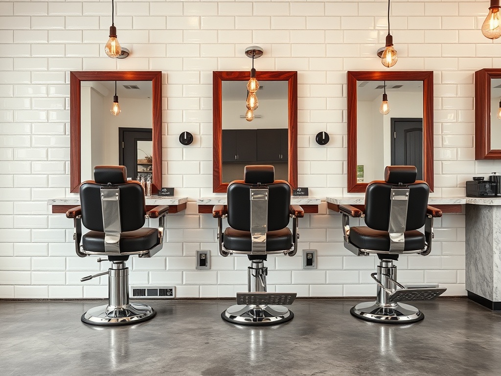 Modern Cut Barbershop interior — three chrome barber chairs, dark walnut mirrors, warm Edison lights