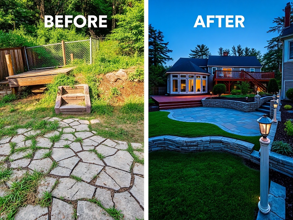 Backyard hardscape transformation in Vermont — overgrown yard becomes a stone patio