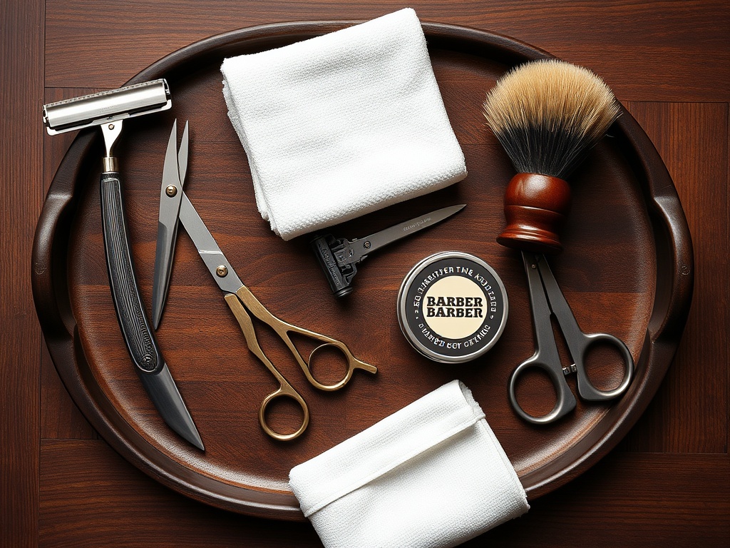 Vintage barber tools flat-lay: clippers, scissors, straight razor, pomade
