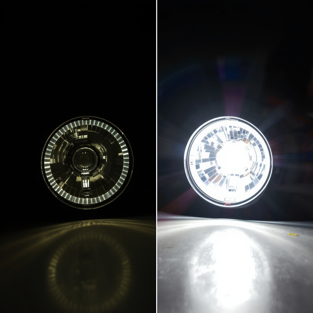 LED motorcycle headlight emitting a focused beam — six color variants available: red, blue, white, amber, purple, RGB