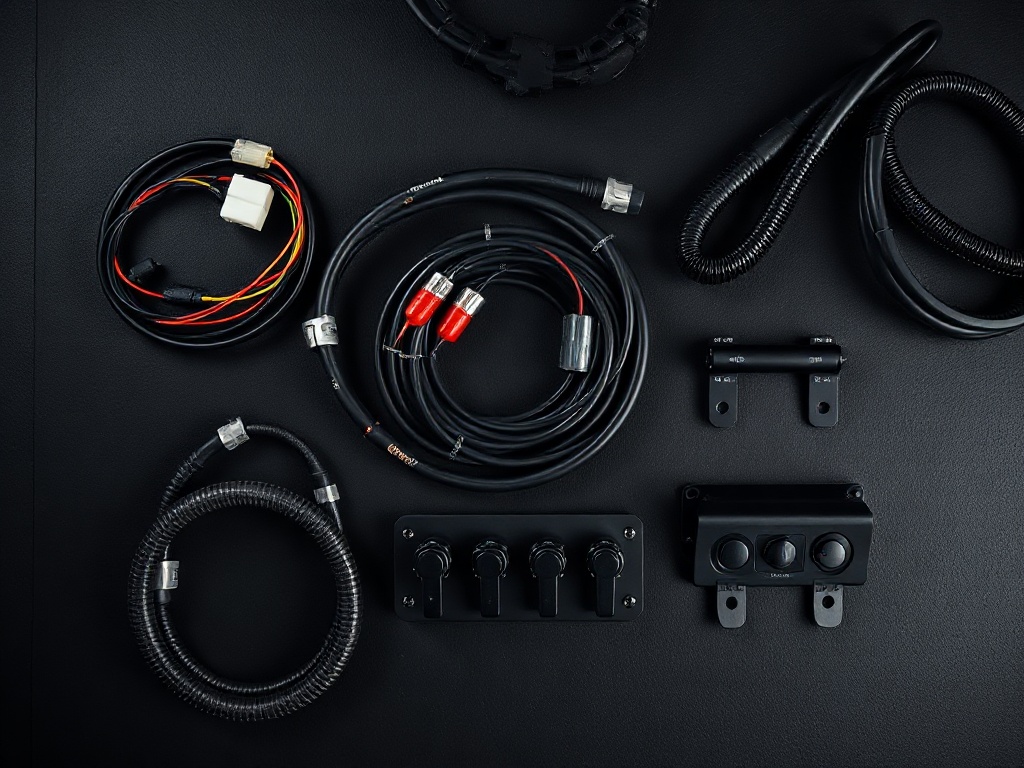 Motorcycle wiring accessories flat-lay: 6-circuit harness, fork mount bracket, crash bar clamps, helmet mount, dimmer switch — organized on a dark rubber mat