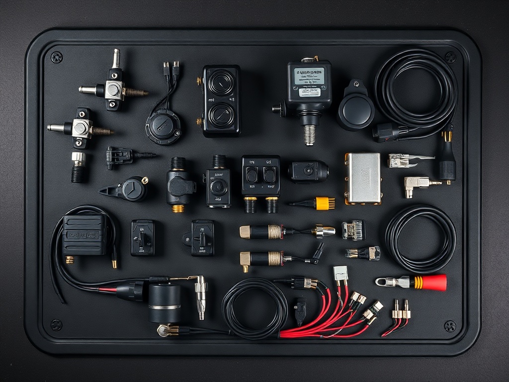 Motorcycle switches and electrical accessories flat-lay: toggle switches, kill switches, voltage regulators, USB connectors — organized on a dark rubber mat
