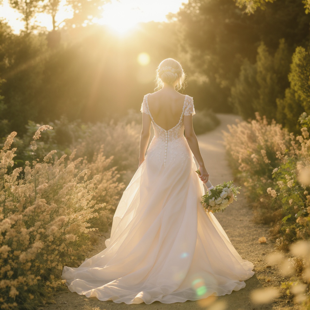 Bride in champagne gown, golden hour editorial