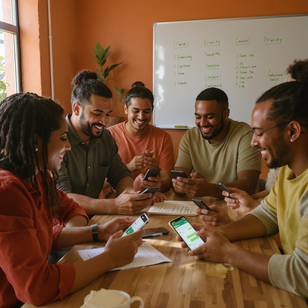 Equipo de dueños de PYME revisando el pulso del equipo vía WhatsApp