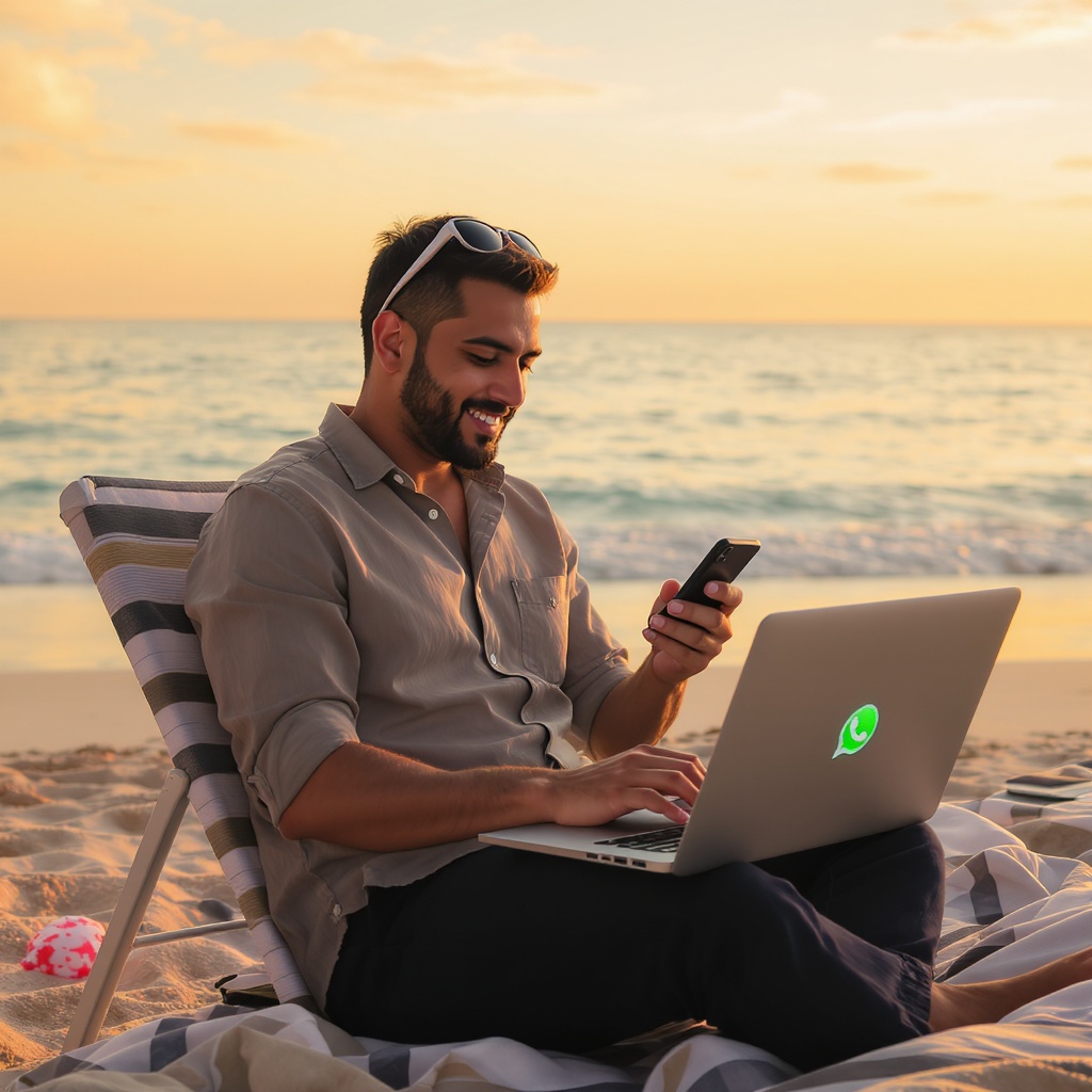 Emprendedor latinoamericano manejando su negocio desde la playa con laptop y WhatsApp
