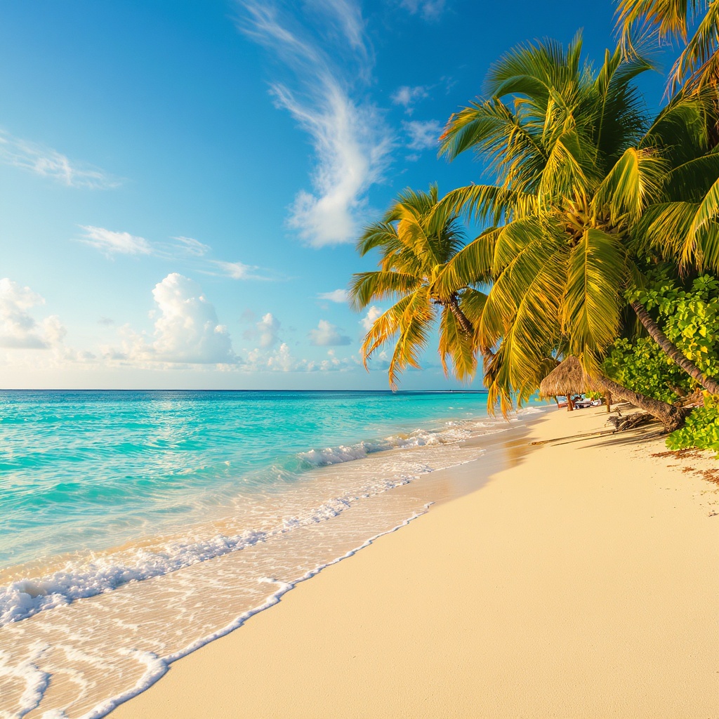 Beach-level view of turquoise Caribbean water, palm trees along white sand shore, Belize