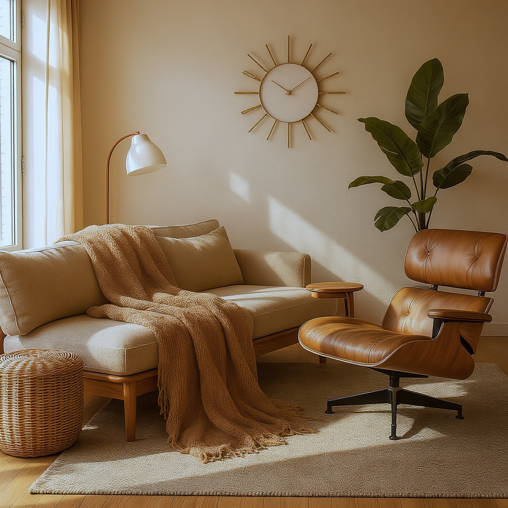 Mid-century modern living room with woven throw blanket
